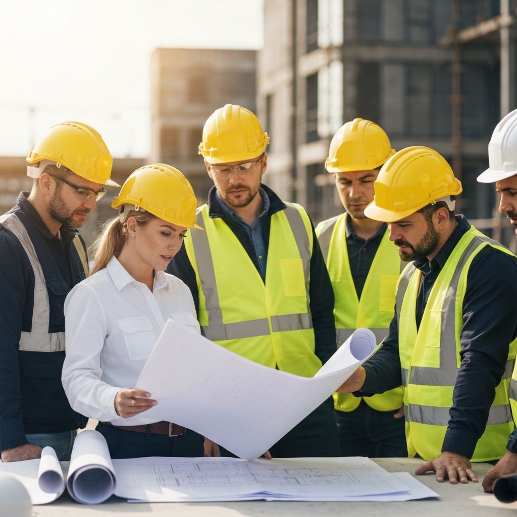 Equipe de engenheiros da MM Treinamentos e Obras revisando projetos em obra